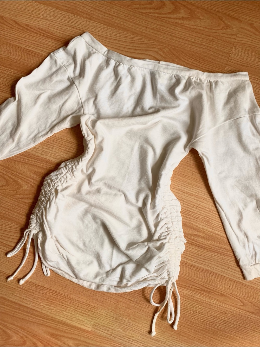 Sweater Dress Off-Shoulder White Ruched Side Drawstring
